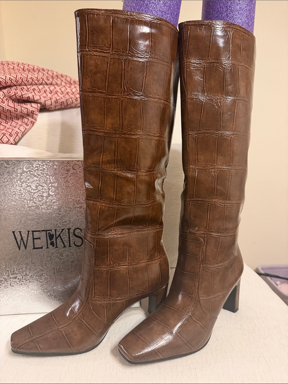 WETKISS Brown Croc-Embossed Knee-High Block Heel Boots